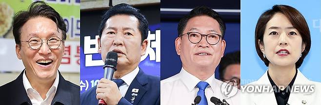 더불어민주당 당 대표 경선 나서는 김민석-정청래-송영길-고민정 (서울 목포=연합뉴스) 조남수 이동해 신현우 배재만 기자 = 더불어민주당 차기 당권 주자들의 공식 출마 선언이 속속 이어지며 8·17 전당대회 대진표가 윤곽을 드러내고 있다. 왼쪽부터 목포 동부시장을 방문한 김민석 전 총리, 국회 의원회관에서 열린 정책토론회에 참석한 정청래 전 대표, 당사에서 출마 선언을 한 송영길 의원, 국회 소통관에서 출마 선언을 한 고민정 의원. 2026.7.8 scoop@yna.co.kr