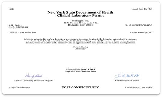 소마젠이 미국 뉴욕주 보건부(New York State Department of Health)로부터 취득한 ‘분자 유전학 검사’(Molecular Genetic Testing) 분야 임상검사실 인증서. (제공=소마젠)
