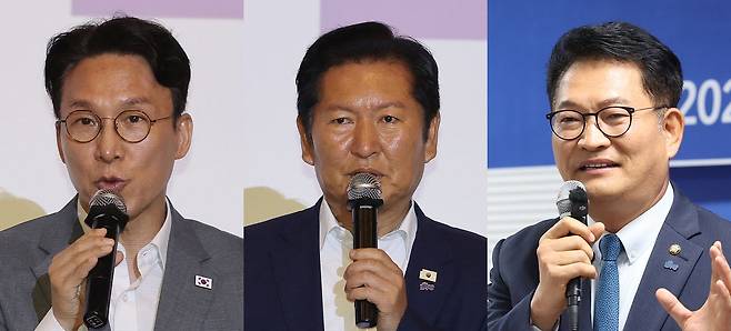 더불어민주당 8·17 전당대회 주요 당권 주자인 김민석 전 국무총리, 정청래 전 대표, 송영길 의원. 뉴스1