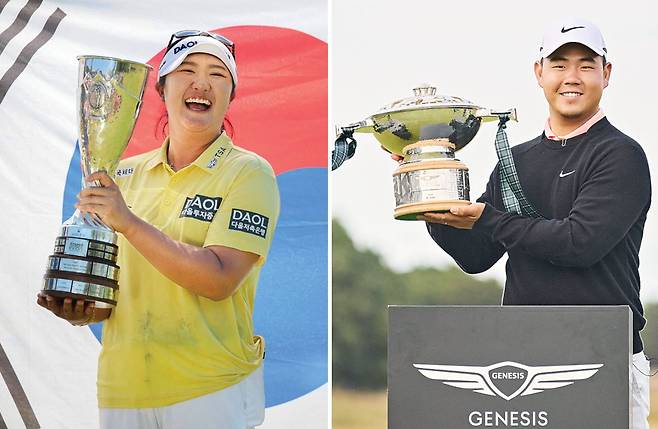 12일 LPGA투어 메이저 대회인 아문디 에비앙 챔피언십에서 우승한 유해란이 태극기를 배경으로 트로피를 들고 활짝 웃고 있다. 오른쪽 사진은 13일 PGA투어 제네시스 스코틀랜드 오픈을 제패한 김주형. AFP연합뉴스