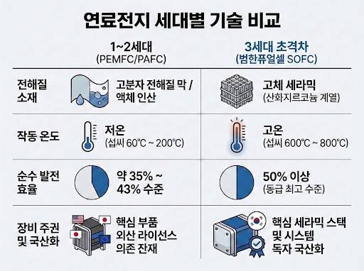 세대별 연료전지 기술 및 운영 사양 비교