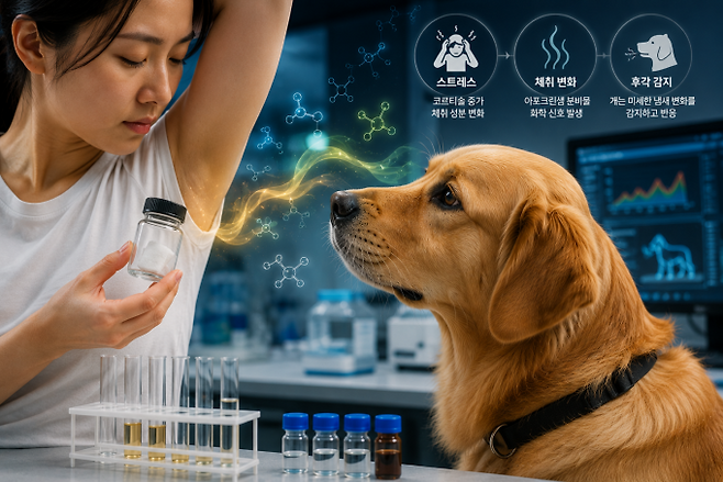 사람이 스트레스를 받을 때 분비되는 체취 성분이 달라질 수 있으며, 개는 이러한 냄새 변화를 감지해 행동에 변화를 보이는 것으로 나타났다. 생성형 AI 제작.