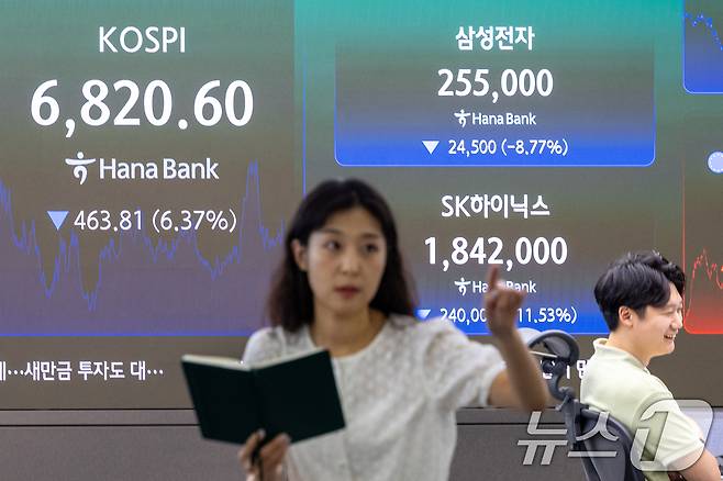 16일 오후 서울 중구 하나은행 본점 딜링룸 전광판에 종가와 삼성전자, SK하이닉스 주가가 나오고 있다. 2026.7.16 ⓒ 뉴스1 안은나 기자