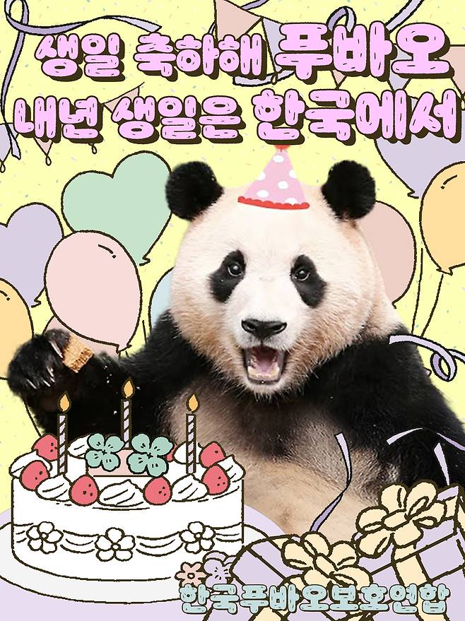한국산 자이언트 판다 네 자매의 맏딸 푸바오 생일 축하 전광판 일러스트