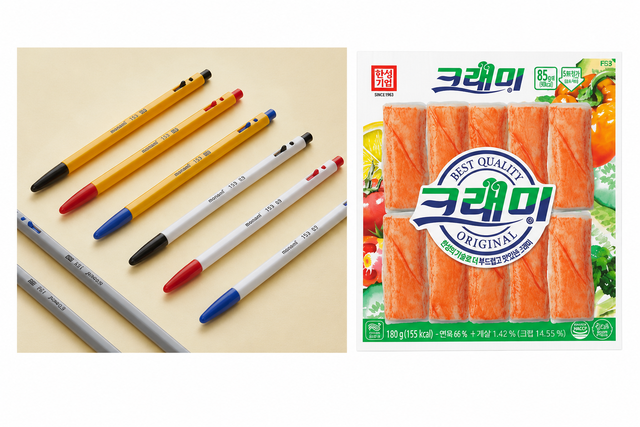 모나미 필기구 제품(왼쪽)과 한성기업 ‘크래미’ 제품(오른쪽). 모나미·한성기업 제공
