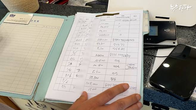 더불어민주당 경기도당이 근처 식당을 이용하며 사용한 식대 장부. 한쪽에 총무담당 직원 명함이 붙어 있다.