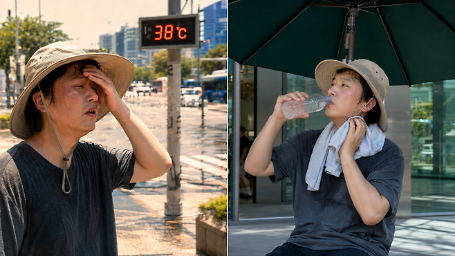 체감온도 38도의 폭염 속에서 모자를 쓴 시민이 더위에 지친 모습(왼쪽)과 그늘로 이동해 물을 마시며 몸을 식히는 모습. ChatGPT 생성 이미지