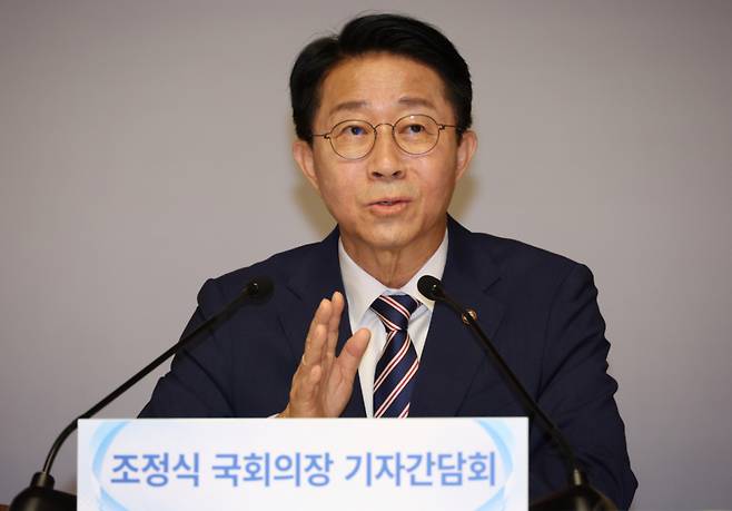 조정식 국회의장이 28일 오전 국회 사랑재에서 열린 취임 첫 기자간담회를 하고 있다. /사진=국회사진기자단
