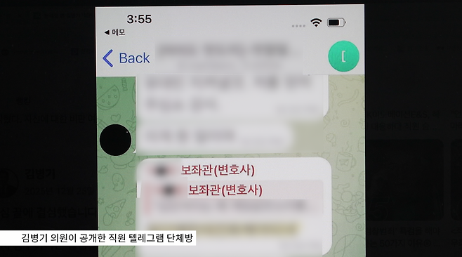 김 의원이 SNS에 올렸던 직원들 텔레그램 단체방 캡쳐 사진. 이름 세 글자 중 한 글자만 가리고 직책과 함께 공개됐다.