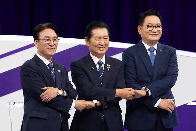 방송 토론회 갖는 민주당 당대표 후보들. 연합뉴스
