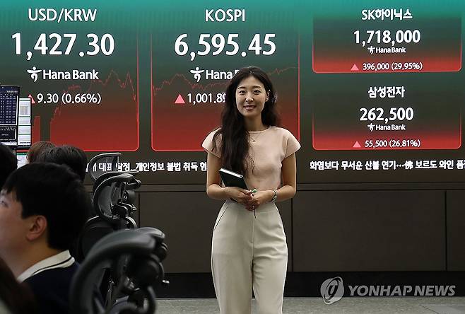 코스피, 17.9% 폭등하며 '불기둥'…역대 최대 상승 (서울=연합뉴스) 윤동진 기자 = 코스피가 전날보다 1,001.89포인트(17.91%) 오른 6,595.45로 장을 마감하며 역대 최대 상승률과 상승폭을 기록한 31일 서울 하나은행 본점 딜링룸에 주가 지수가 표시되고 있다. 2026.7.31 mon@yna.co.kr