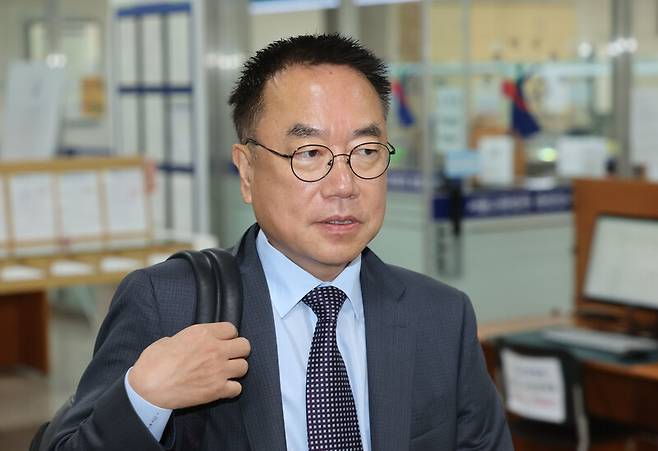 서범수 국민의힘 의원이 지난 7월15일 서울 서초구 서울중앙지방법원에서 열린 추경호 대구시장의 내란 중요임무 종사 혐의 1심 속행 공판에 증인으로 출석하고 있다. 연합뉴스