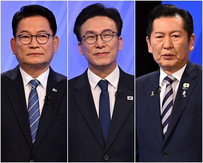 더불어민주당 송영길·김민석·정청래 당 대표 후보가 5일 서울 영등포구 여의도 KBS에서 열린 제2차 TV 토론회를 준비하고 있다. ⓒ국회사진기자단