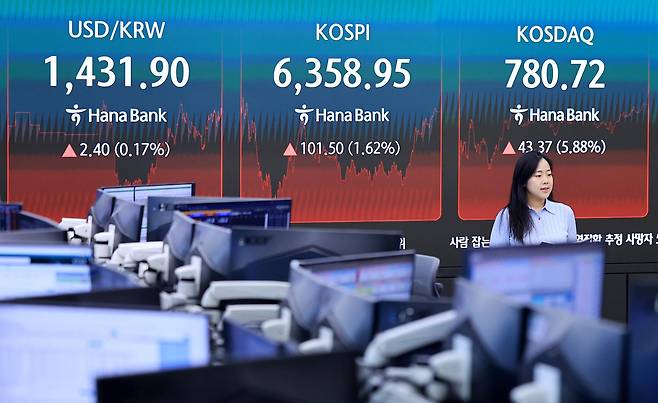 4일 서울 중구 하나은행 본점 딜링룸 전광판에 종가가 표시되고 있다. 2026.8.4 ⓒ 뉴스1