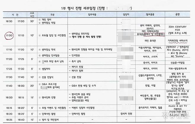 2023년 A씨의 축일 행사 진행을 위한 업무분장표에 포함된 행사 진행 세부일정. 사회복지종사자 권익지원센터 제공