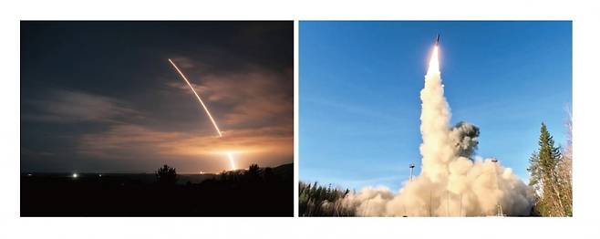 2025년 11월 미국 반덴버그 우주군 기지에서 핵탄두 탑재가 가능한 대륙간탄도미사일(ICBM) ‘미니트맨3’가 시험 발사되고 있다(왼쪽). 오른쪽은 러시아 플레세츠크 우주기지에서 진행된 핵 훈련에서 ICBM ‘야르스’가 발사되고 있는 모습. 핵무기가 AI로 통제될 땐 심각한 위험을 초래할 수 있다. 연합뉴스
