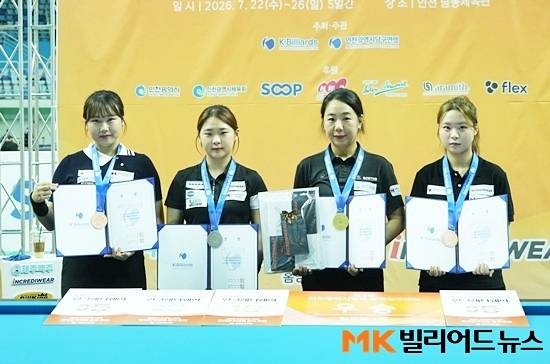 ‘제5회 인천광역시장배 전국당구대회’ 공동3위 입상자들이 기념촬영하고 있다. (왼쪽부터) 공동3위 박세정, 준우승 김하은, 우승 이보라, 공동3위 이다미.