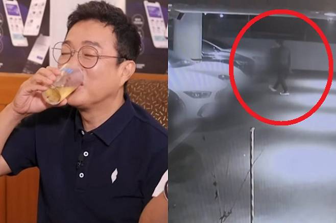 지난 3월6일 오후 사고를 내기 10분 전쯤 운전을 위해 차량으로 다가가는 이재룡씨 모습이 담긴 폐쇄회로(CC)TV 영상(오른쪽). 유튜브 짠한형 신동엽·채널A 보도화면 캡처