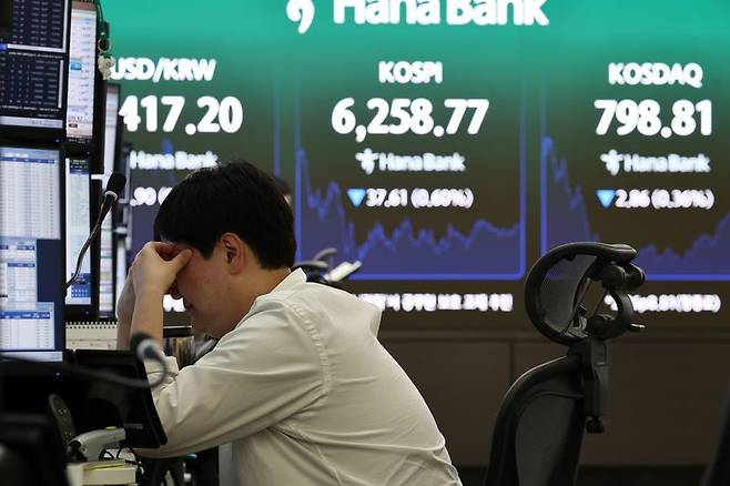 코스피가 전장보다 37.61포인트(0.60%) 내린 6258.77에 장을 마친 7일 서울 하나은행 본점 딜링룸에서 딜러들이 업무를 보고 있다. 연합뉴스