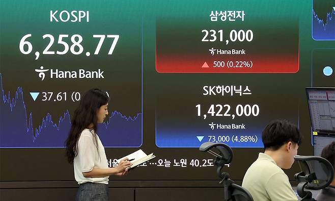 지난 7일 오후 서울 중구 하나은행 딜링룸 현황판에 삼성전자와 SK하이닉스 주가가 표시되고 있다. 뉴스1