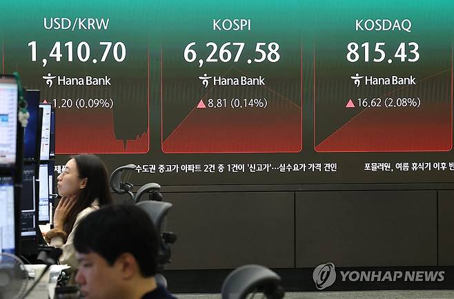 코스피 상승 출발 (서울=연합뉴스) 서명곤 기자 = 코스피가 상승 출발한 10일 서울 중구 하나은행 딜링룸 전광판에 코스피, 코스닥 지수가 표시돼있다. 2026.8.10 seephoto@yna.co.kr