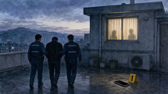9일 새벽 3시 경기 군포시 당동에서 30대 남성 이모씨가 20대 여성 2명이 사는 옥탑방을 창문을 통해 침입한 사건이 발생했다. 사진은 사건 당시 현장을 인공지능(AI)으로 재구성한 일러스트. 퍼플렉시티(Perplexity).