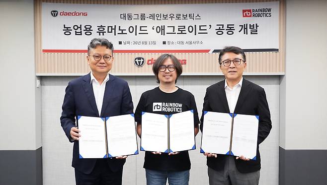 왼쪽부터 나영중 그룹경영 부사장, 이정호 레인보우로보틱스 대표이사, 강성철 대동로보틱스 대표이사가 협약서 서명 후 기념 사진을 찍고 있다.(대동 제공)