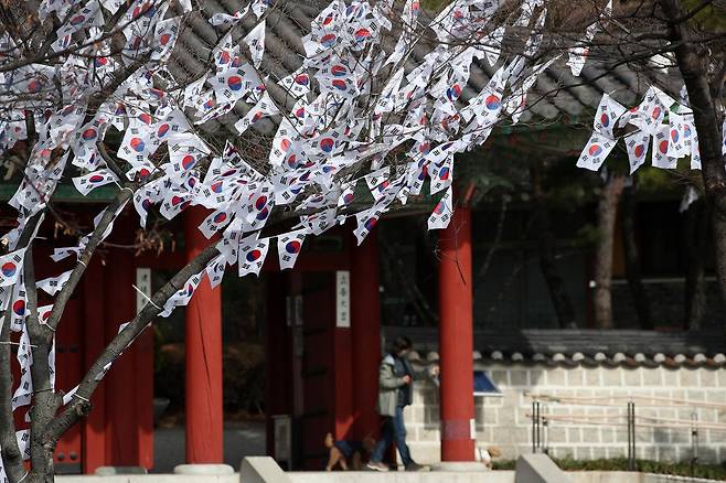 2024년 2월 27일 3·1절을 앞두고 서울 용산구 효창공원 태극기 거리에 태극기가 나무 등에 걸려있다. 뉴스1