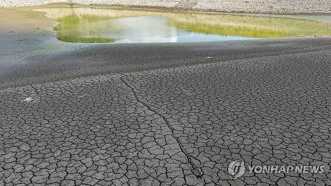 쩍 갈라진 밀양 웅동저수지 지난 14일 경남 밀양시 무안면 웅동저수지가 가뭄 영향 등으로 말라 있다.