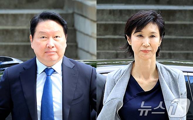 최태원 SK그룹 회장과 노소영 아트센터 나비 관장이 26일 서울 서초구 서울고등법원에서 열린 파기환송심 2차 변론에 출석하고 있다. 2026.6.26 ⓒ 뉴스1 이호윤 기자