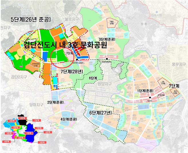 검단신도시 택지개발사업 개발계획도. 빨간 동그라미는 검단신도시 내 3호 문화공원 위치로, 이곳에 호수공원과 박물관·백년이음도서관이 들어선다. /사진제공=인천시