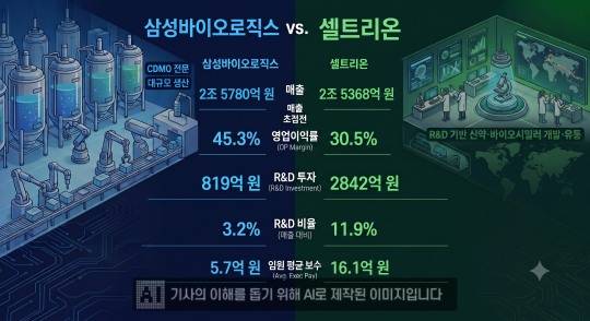 삼성바이오로직스와 셀트리온이 올해 상반기 비슷한 매출을 기록한 가운데 수익성과 임원 보수에서는 차이를 보였다. /사진=생성형 AI