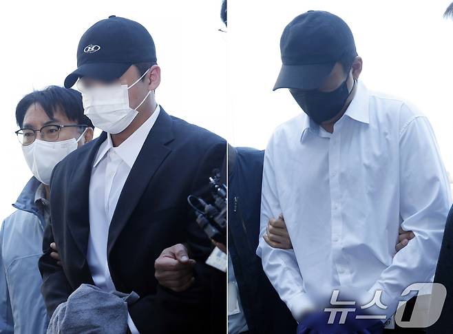 고(故) 김창민 영화감독을 폭행해 숨지게 한 혐의를 받는 피의자 A 씨와 B 씨. 2026.5.4 ⓒ 뉴스1 박정호 기자