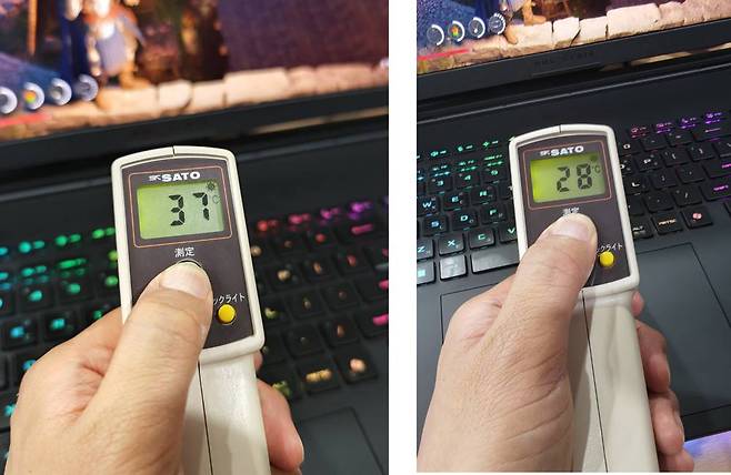 터보 모드에서 게임을 구동하는 상황에서도 사람의 신체가 접촉하는 부분의 온도(오른쪽)는 그다지 높지 않았다 / 출처=IT동아