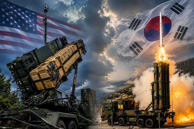 미국산 패트리엇 방공체계와 한국산 천궁-II 발사 장면, 성조기와 태극기를 합성한 AI 생성 이미지. 미 패트리엇 요격미사일 공급 부족 우려가 커지면서 천궁-II 등 대체 방공체계에 대한 관심도 높아지고 있다. 위키미디어 커먼즈·LIG D&A 제공·AI 생성 이미지
