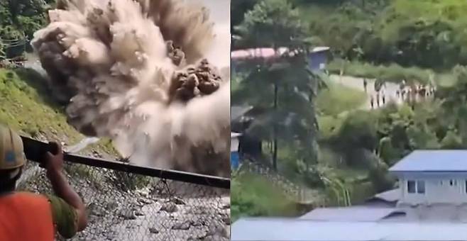 네팔에서 지난 26일(현지시간) 발생한 사상 초유 '빙하 홍수'가 쏟아질 때 저지대에 있던 한국인 근로자들의 모습(오른쪽). 고지대에 있던 수력발전소 직원들도 영상 촬영 직후 곧바로 대피했다. 페이스북 갈무리