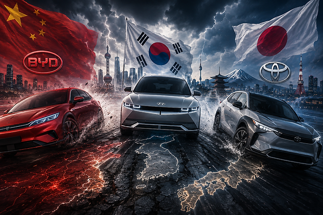 한국·중국·일본을 대표하는 자동차 업체들이 서로의 안방을 넘보며 전기차 시장 주도권 경쟁을 벌이고 있다. / 사진=생성형 AI