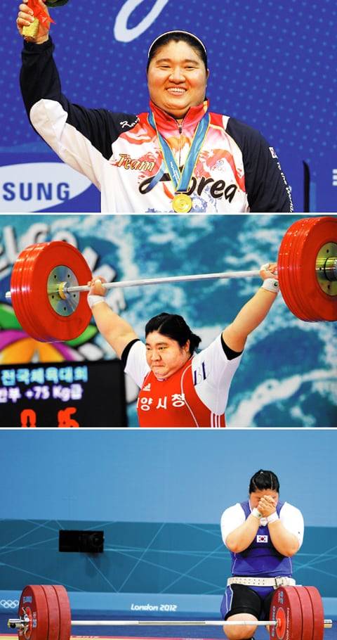 (위부터) 2010 광저우아시안게임 역도 여자 +75㎏급에서 금메달을 딴 장미란. 제93회 전국체육대회 역도 여자 일반부에 출전한 장미란. 2012 런던올림픽에서 경기를 치르기 전 기도하는 모습. /조선일보DB
