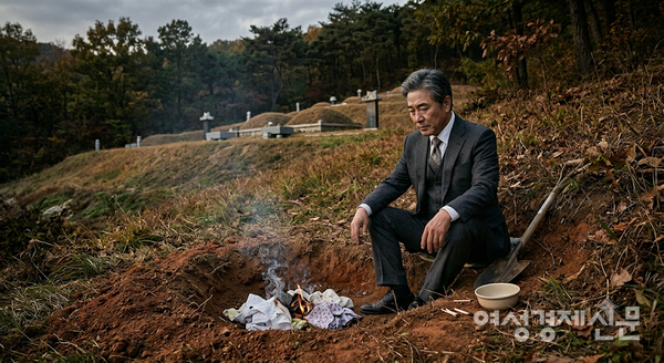 아내의 속옷을 태우며 애통해 하는 남편. AI로 생성된 이미지임 /제미나이 나노바나나