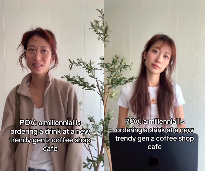 '젠지 스테어'를 풍자한 한 틱톡 영상. 여성이 음료를 주문하려고 하자 젊은 직원이 대답을 하지 않고 손님을 빤히 응시하고 있다. 인스타그램 캡처 @leendadong