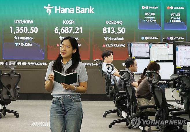 코스피는 9월 4일 전장보다 107.73포인트(1.64%) 오른 6687.21에 거래를 마쳤다. 서울 중구 하나은행 딜링룸 현황판. 연합뉴스