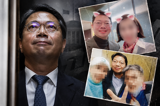 왼쪽은 김승원 법무부 장관 후보자가 9월7일 서울 종로구 적선현대빌딩에 마련된 인사청문회 준비 사무실로 출근하는 모습이다. 오른쪽 두 사진은 김 후보자가 양아무개씨와 서울중앙지법에 재직 중인 정아무개 부장판사와 과거 같이 찍은 사진들이다. ⓒ연합뉴스·SNS