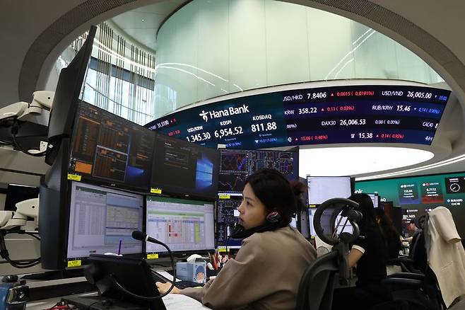 코스피가 전 거래일 대비 40.87포인트(0.58%) 내린 6954.52로 마감한 8일 서울 하나은행 본점 딜링룸에서 딜러들이 업무를 보고 있다. 2026.9.8 /연합뉴스