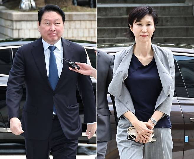 지난 6월 26일 변론기일에 출석한 최태원 SK그룹 회장과 노소영 아트센터 나비 관장. 연합뉴스
