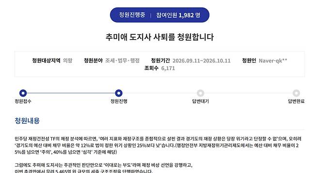 경기도청원 게시판에 올라온 추미애 경기도지사 사퇴 청원. (사진= 경기도 청원 게시판)