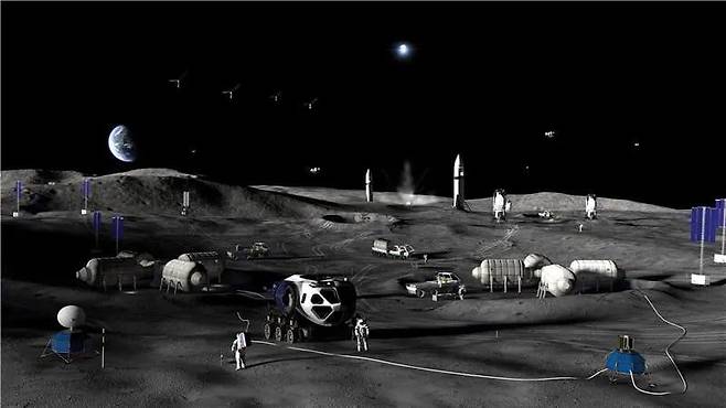 미 항공우주국(NASA)이 추진하는 3단계 달 기지 상상도. 달 기지가 구축되면 인류는 처음으로 달에서 장기 거주할 수 있게 된다./NASA