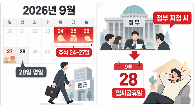 2026년 추석 연휴와 9월 28일 월요일의 휴일 여부를 정리한 이미지. 추석 연휴와 주말은 24일부터 27일까지 이어지며, 28일은 정부가 임시공휴일로 별도 지정하지 않는 한 평일이다. ChatGPT 생성 이미지