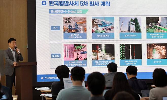 박종찬 한국항공우주연구원 우주발사체연구소 한국형발사체고도화사업단장이 언론 간담회에서 발표하고 있다. 우주항공청 제공