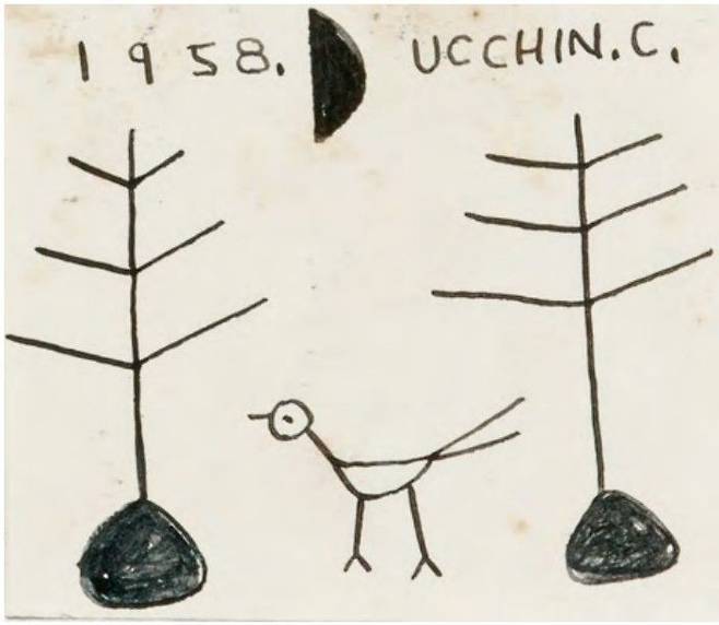 장욱진, '무제', 1958. 종이에 마커, 7.5×8.5㎝. 1956~1959년 서울신문에 실린 한국 근현대미술 작가들의 삽화 207점을 묶은 화첩에 수록된 작품이다. 케이옥션