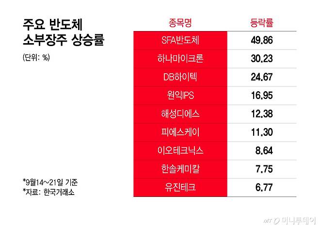 주요 반도체 소부장주 상승률/그래픽=윤선정